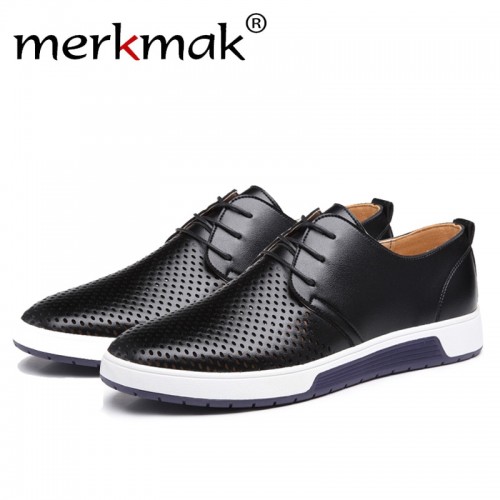 Merkmak Luxury Brand Spring Summer Breathable Holes Men Shoes Casual Leather Fashion Trendy Men Flats Ankle 